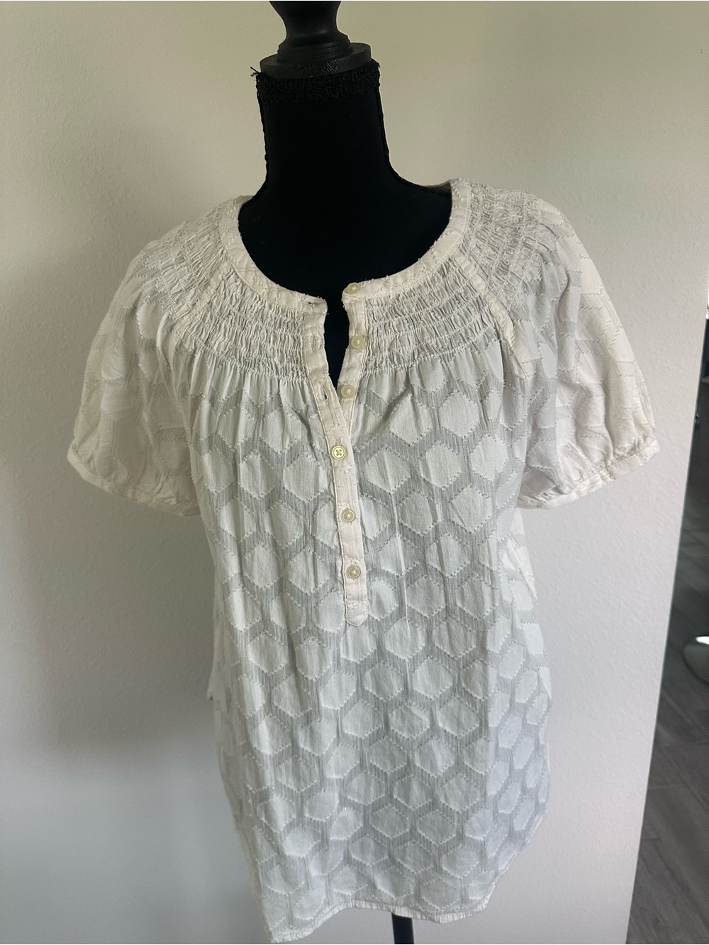 LOFT White Smocked Yoke Button-Front Top